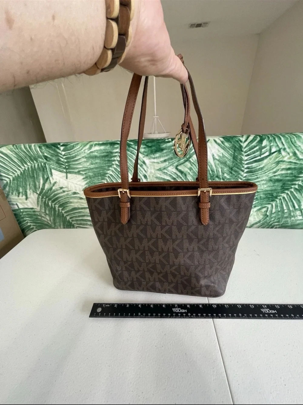 Michael Kors Brown and Tan MK Logo Tote with Gold Charm